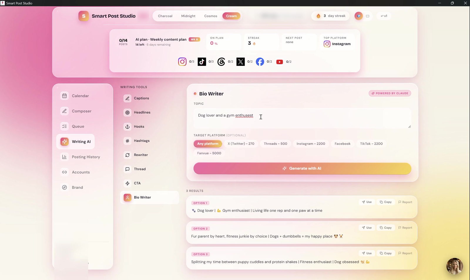 The AI Writing Studio: captions, hooks, hashtags and bio tools with per-platform character limits and three generated options.
