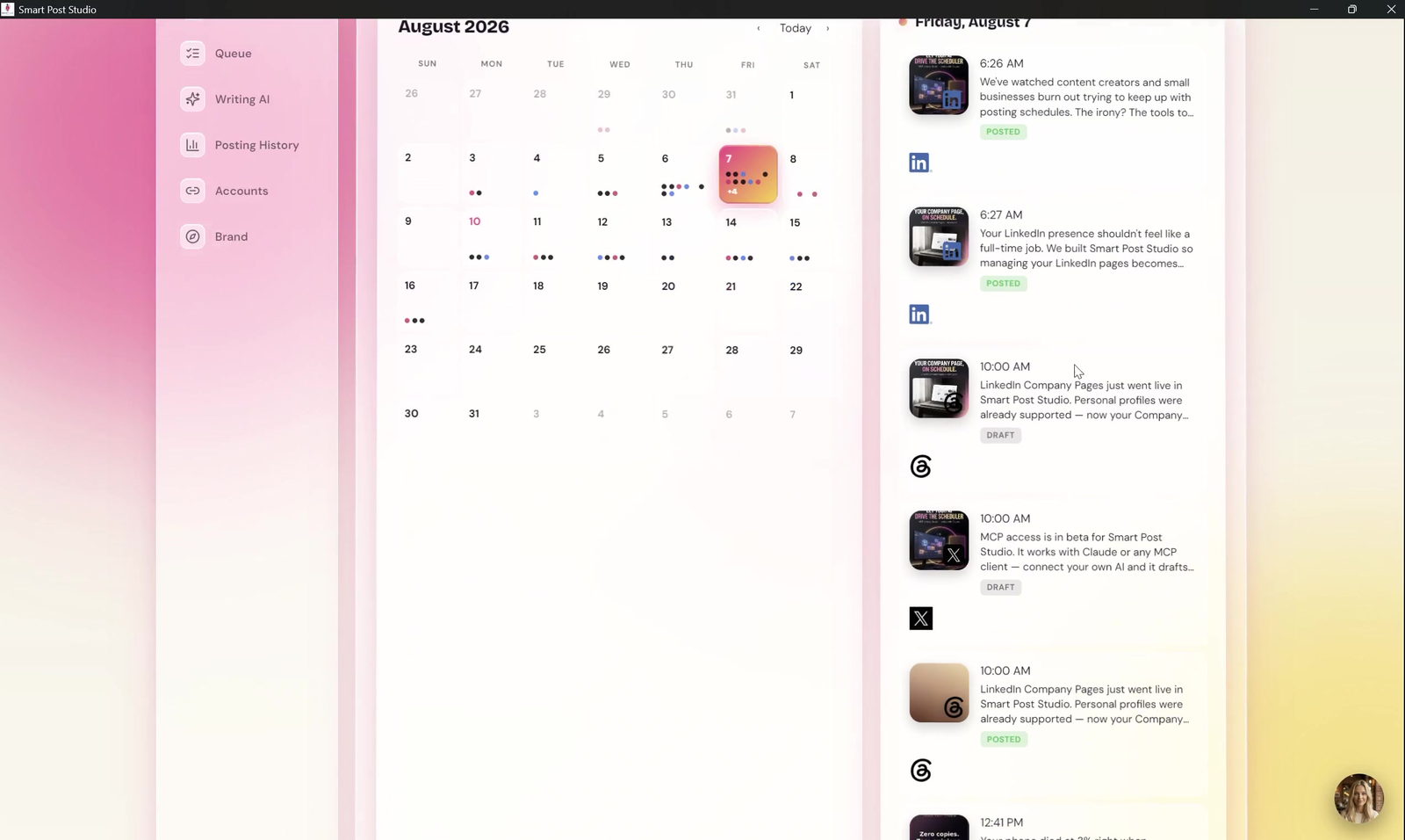 The visual calendar with scheduled posts marked on each day and a day panel listing posted and draft items.