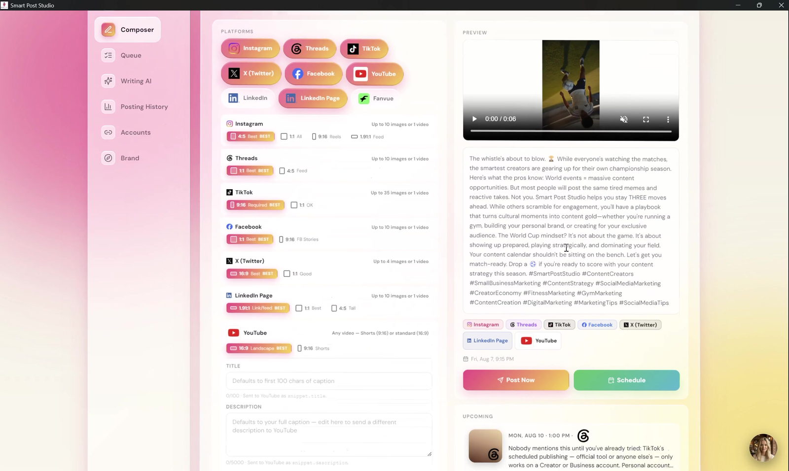 The composer with all eight platforms selected, per-platform aspect-ratio guidance and a live preview.
